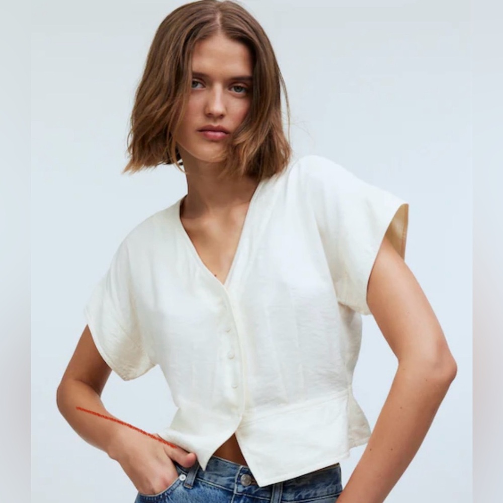NWT MADWELL Pleated Short-Sleeve Top Antique Cream Size M